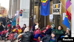 Greta Thunberg attends a demonstration, with environmental and Sami rights activists blocking the entrances to the Ministry of Oil and Energy, in Oslo, Feb. 27, 2023. 