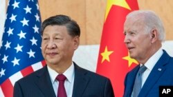资料照片: 2022年11月14日，在印度尼西亚巴厘岛举行的G20峰会前，美国总统乔·拜登（右）与中国国家主席习近平站在一起。消息人士2024年10月2日表示，预计两位世界领导人将在未来几天内进行通话。