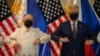 U.S. National Security Advisor Robert O'Brien and Philippines' Secretary of Foreign Affairs Teodoro Locsin Jr. elbow bump after the turnover ceremony of defense articles, at the Department of Foreign Affairs in Pasay City, Metro Manila, Philippines.