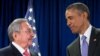 Cuban President Raul Castro, left, and U.S. President Barack Obama talk before a bilateral meeting at the United Nations headquarters in New York, Sept. 29, 2015.